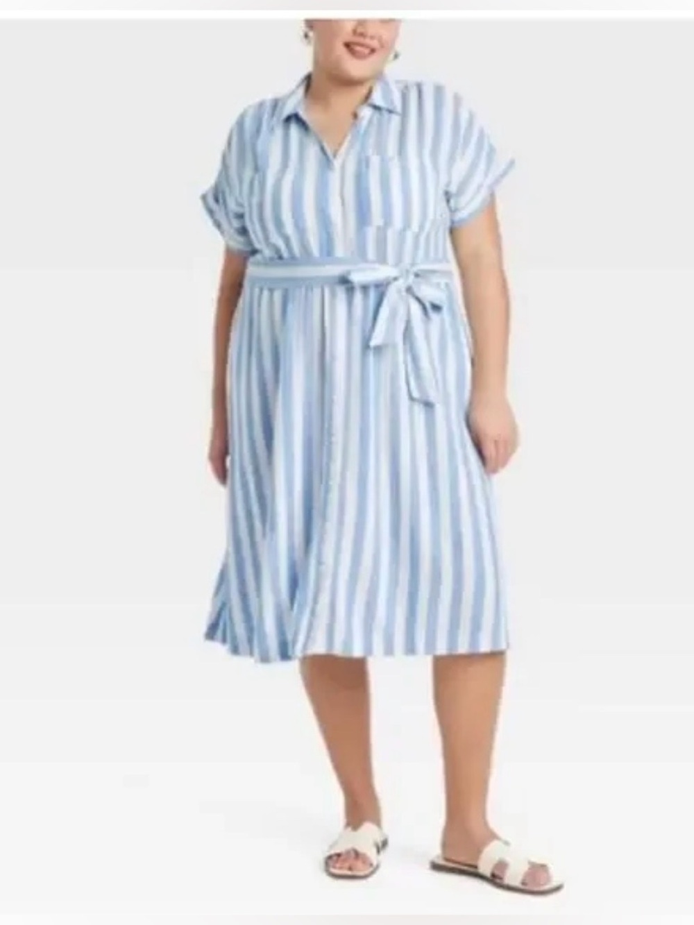 NWT Women’s Ava & VIV Striped Blue & White Shirt Dress w/ tie belt Sz 1X